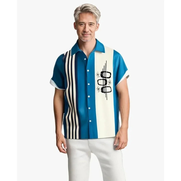 ❤️Men Blue Print Short Sleeve  Hawaiian Fit Casual Button Down Beach Shirts - Picture 6 of 7